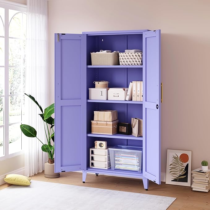 Purple Metal Storage Cabinet with Lock, 61" Tall 2-Door Lockable Organiz...