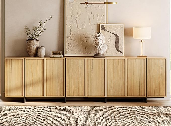WAMPAT Modern TV Stand for TVs Up to 110", Wooden Entertainment Center TV Console with 8 Door Closed Storage and T-Shaped Wood Legs, Media Console Cabinet for Living Room, Bedroom, Oak