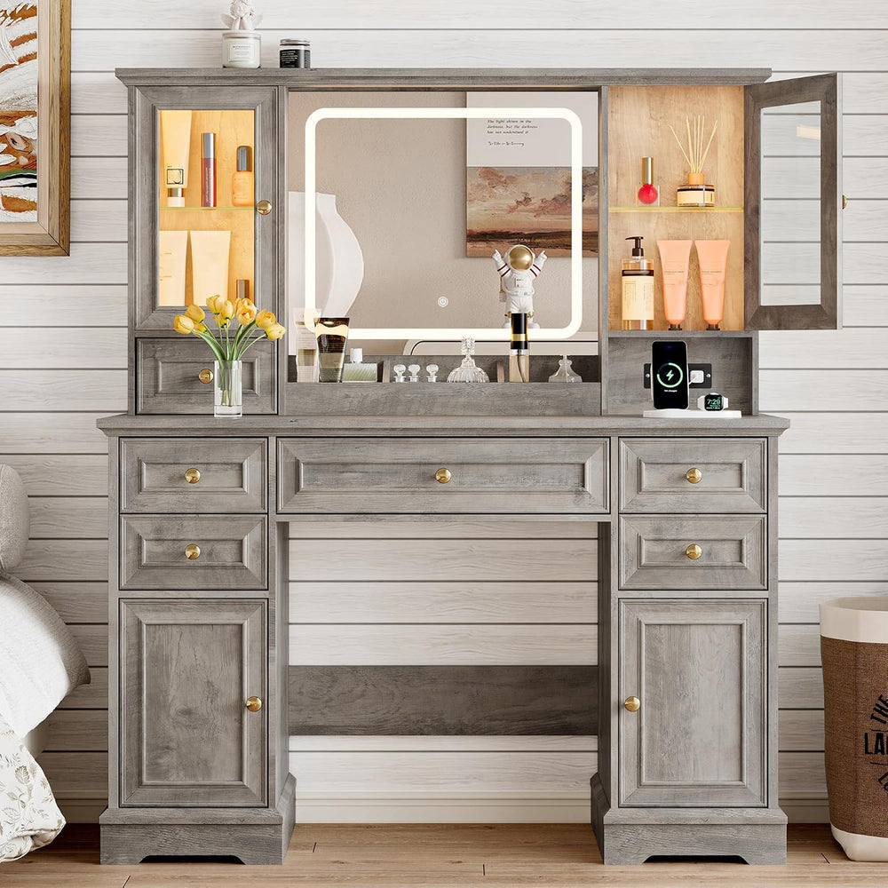 Xixini 43.3" Farmhouse Vanity Desk with LED Mirror, RGB Cabinets, Grey |...