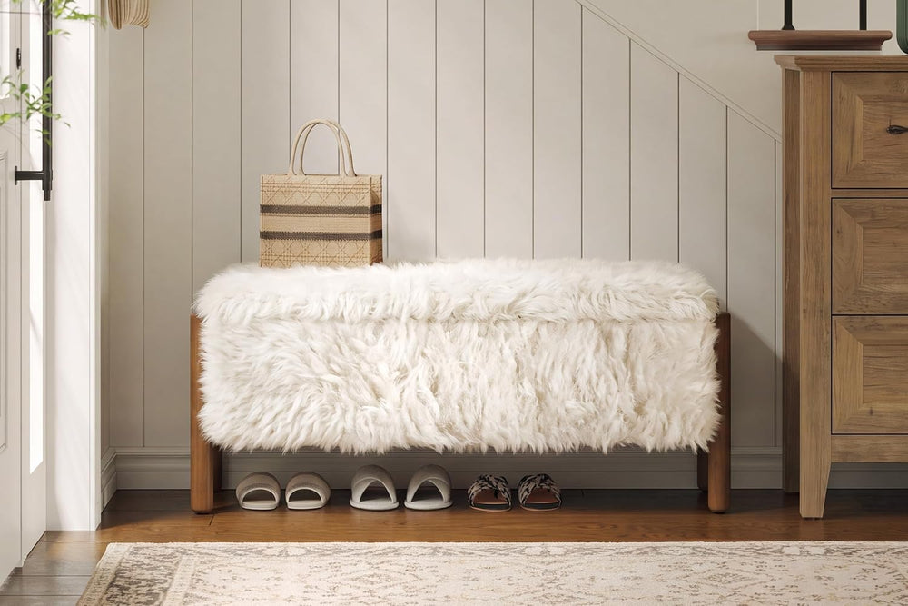 Modern Storage Benches with Walnut Wood Legs, 47'' Ottoman Bench with...