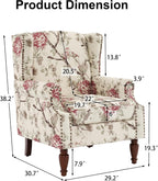 High Back Floral Accent Chair - Retro Wingback Upholstered Armchair with Nailhead Trim, Solid Wood Legs, Fabric Living Room Bedroom Reading Chair (Flower Beige)