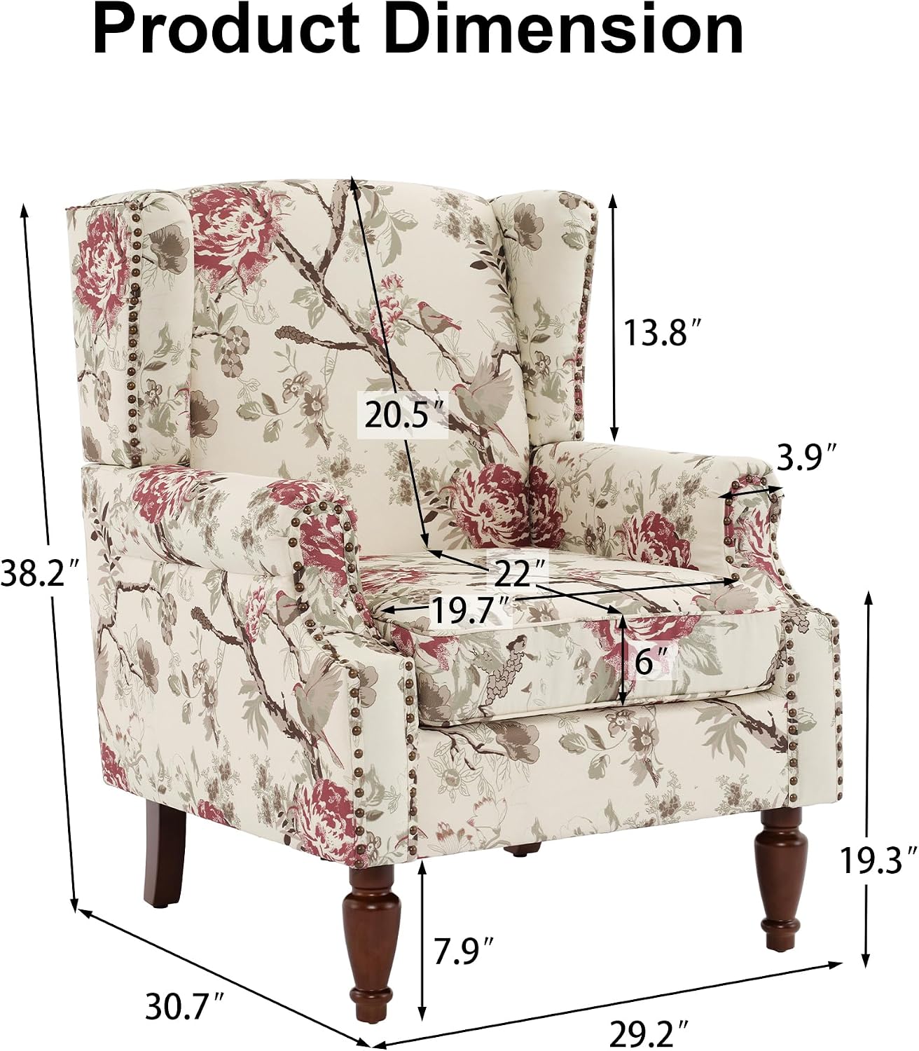 High Back Floral Accent Chair - Retro Wingback Upholstered Armchair with Nailhead Trim, Solid Wood Legs, Fabric Living Room Bedroom Reading Chair (Flower Beige)