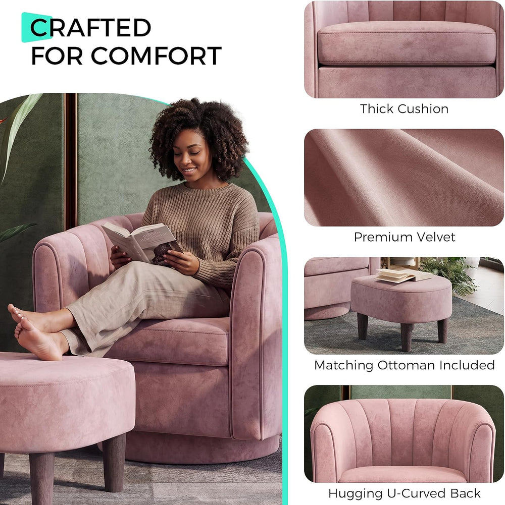LINSY 360° Swivel Accent Chairs Set of 2, Modern Velvet Chair with Ottoman, C...