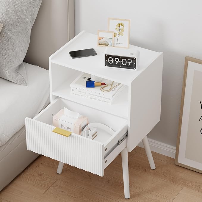 White Nightstand,Modern Bedside Table with Storage Drawer and Open Wood Shelf...