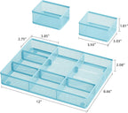 Marbrasse 3 Packs Desk Drawer Organizers, Metal Mesh Dividers with 9 Adjustable Compartments, Pen Organizer for Drawer Tray Box Accessories for Desktop,Kitchen, Makeup(Blue)