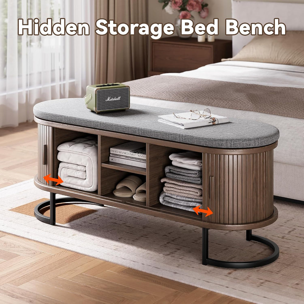 Decofy Shoe Storage Bench with Cushion and Sliding Doors, 47.2 Inch Shoe Benc...