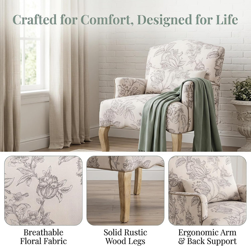 Shunzhi Floral Accent Chairs Farmhouse Upholstered Armchair Linen Reading Cha...