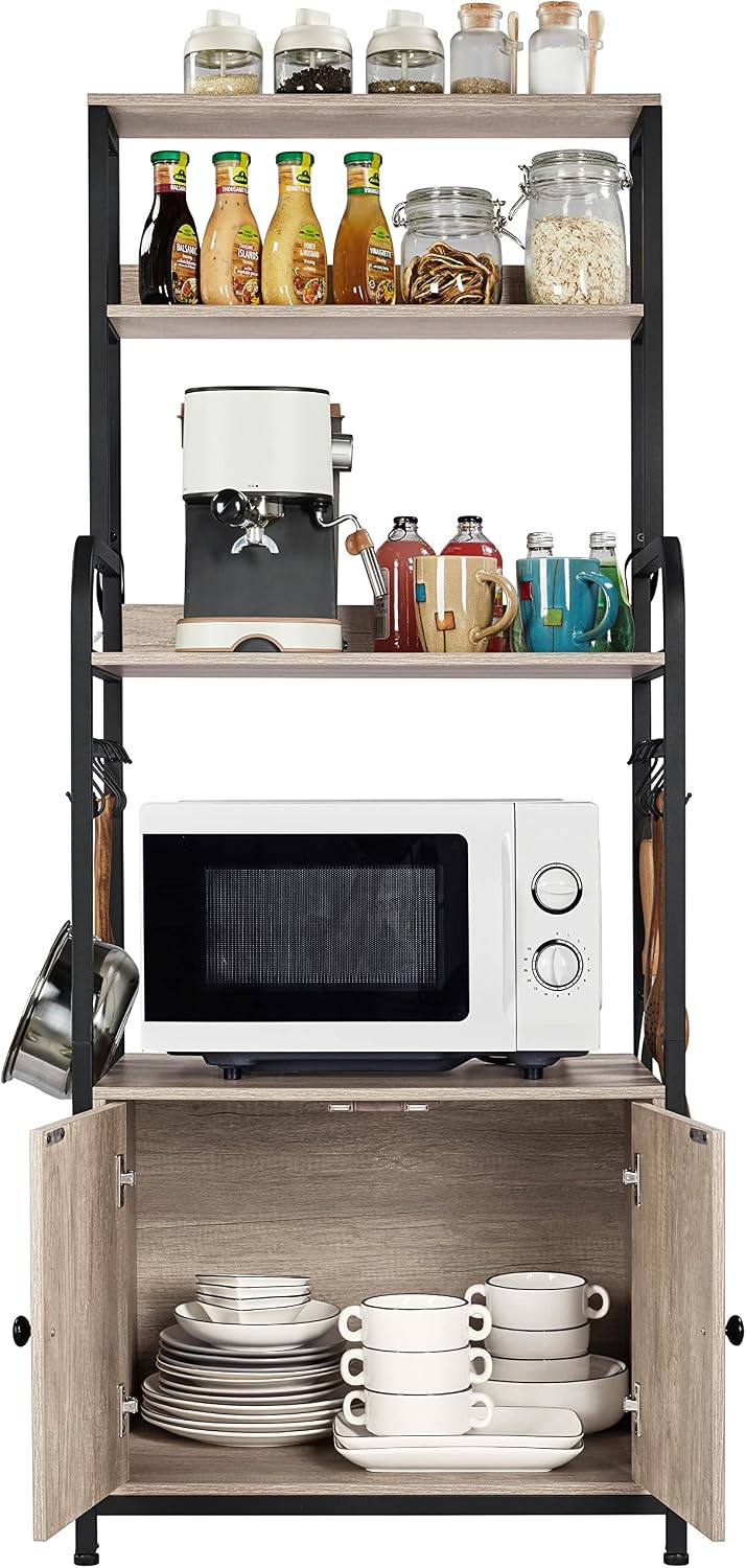 Yaheetech 4-Tier Bakers Rack with Cabinet,Coffee Bar Microwave Stand,Gray | Microwave Oven Stand Pantry Cabinet with S Hooks and Hutch,Freestanding Kitchen Shelves Spice Rack