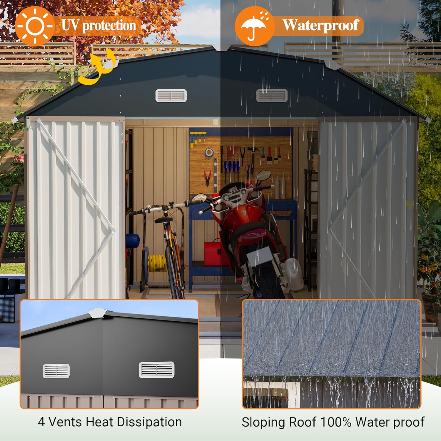 Large Outdoor Storage Shed, 10' X 12' Metal Galvanized Steel Garden Sheds with 4 Vents & 2 Windows, Utility Tool Shed for Backyard, Patio, Lawn,Brown