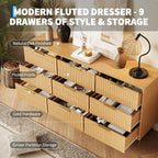 Garvee Fluted Dresser for Bedroom with 9 Drawers,63" Wide Modern Chest of Wooden Bedroom Chest with Metal Handle,Clothes Storage Organizer,Closet Dresser & TV Stand for Living Room,Hallway,Natural