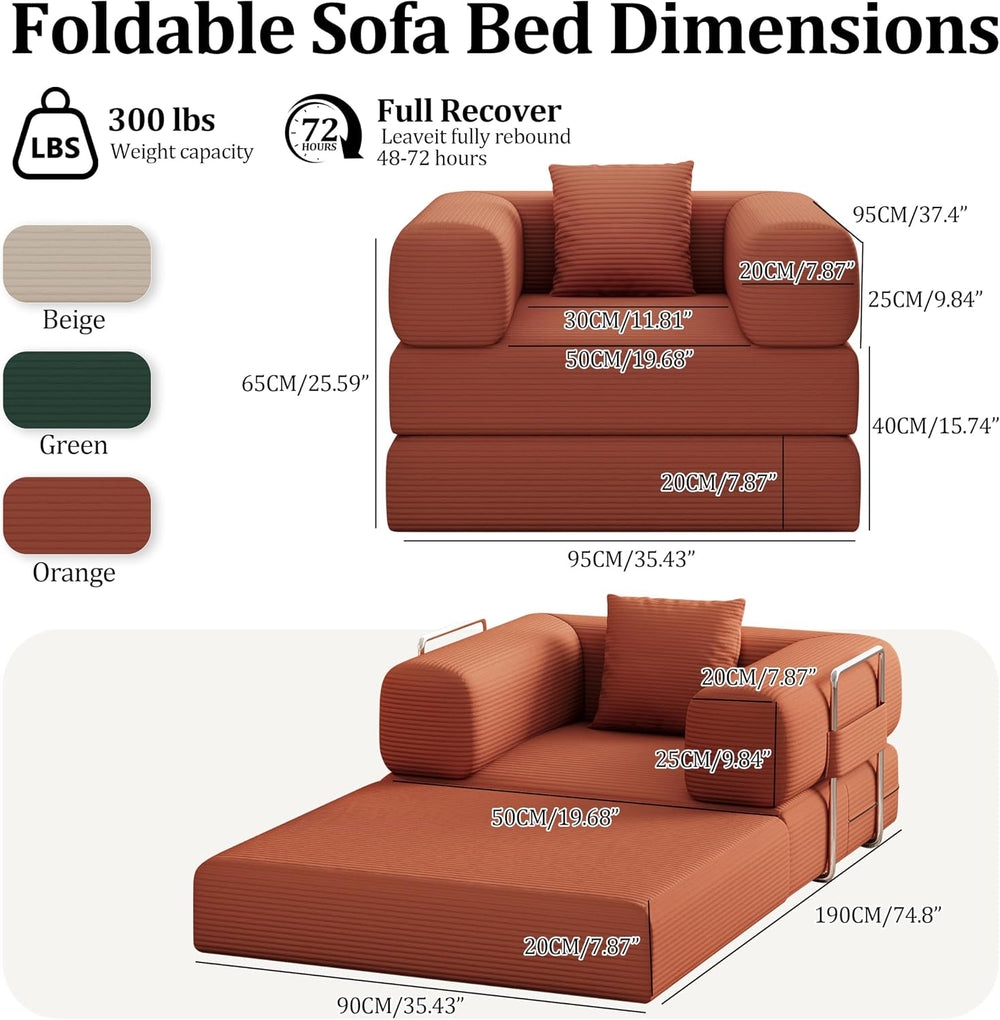 Single Couch Sofa for Small Spaces, 2-in-1 Single Sofa with Soft Corduroy Fol...