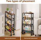 Hoctieon Slim Rolling Storage Cart, 4-Tier Narrow Kitchen Storage Cart with Handle & Wheels, Mobile Shelving Unit, Wooden Top & Metal Frame, Utility Cart for Kitchen, Small Spaces, Rustic Brown