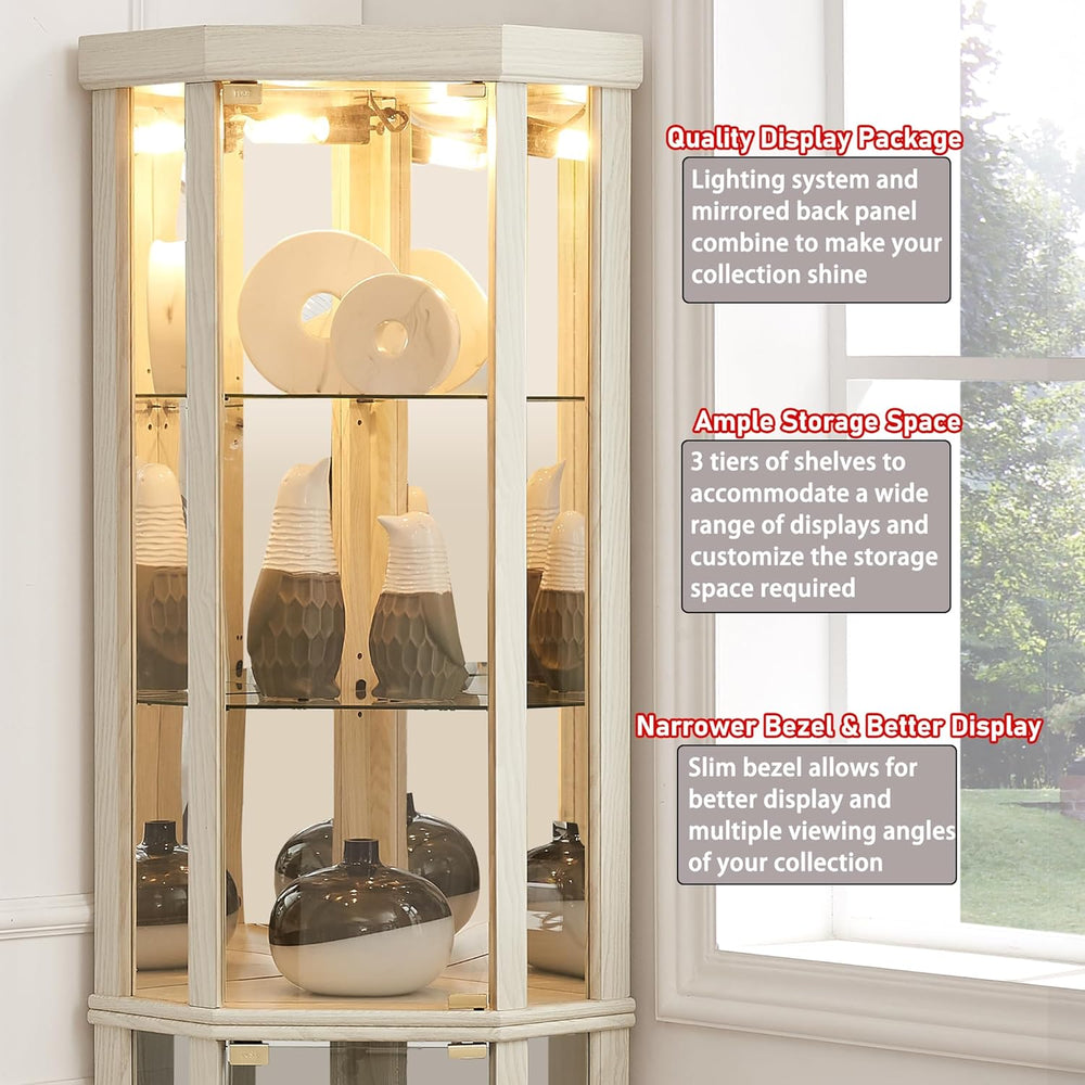 69" H Lighted Corner Display Cabinet, Curio Corner Glass Cabinet w/Adjus...