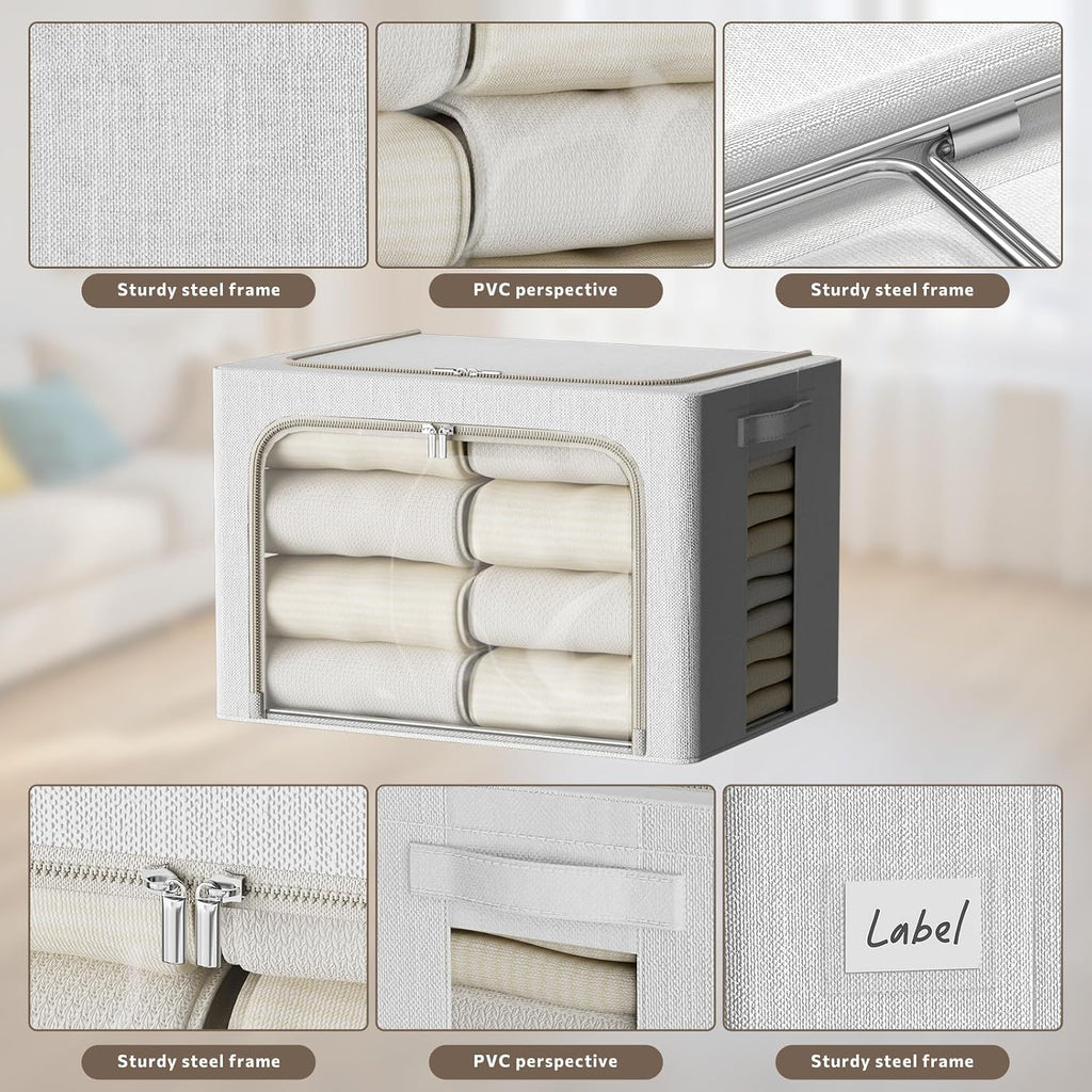 FHSQX 6 Pack Clothes Storage Bins,Ivory White, 16.5x12.2x12.2inch (40L) | ‎Portable, Large Clear Window, Stackable, Durable Handles, Foldable