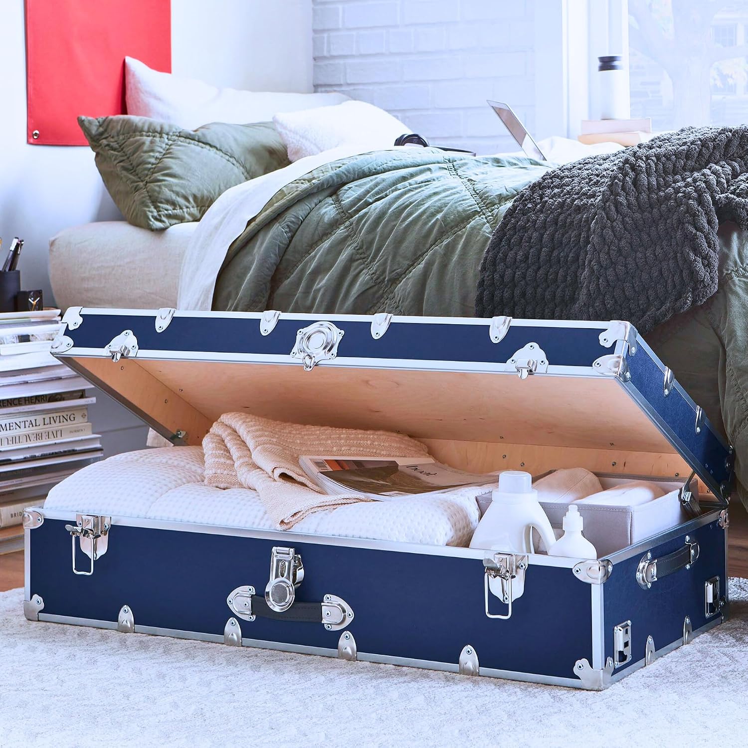Rhino Trundle Storage Trunk, Under Bed Dorm Footlocker | 44"L x 20"W x 12"H, 42 lb Item Weight, Steel, Durable, Removable, College Dorm, Home Storage, Dorm Room, Hope Chest