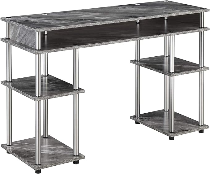 Convenience Concepts Designs2Go No Tools Desk Home Office Desk with Shelves, Corner Shelf Vanity Desk Computer Desk Nail Table for Nail Tech - 47.25" L x 15.75" W x 30" H, Gray Faux Marble