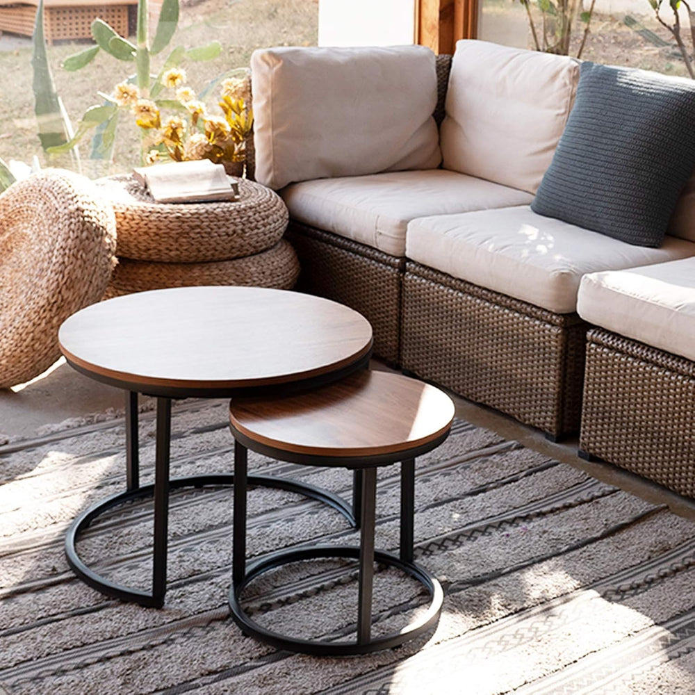 aboxoo Coffee Table Nesting Side Round Set of 2 End Table Top Sturdy Metal Fr...