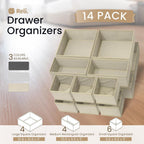 Reli. Drawer Organizers Clothes 14 Pack | Foldable Dresser Drawer Organizer | Beige Dresser Drawer Organizers | Fabric Drawer Dividers, Foldable Closet Storage Bins, Socks, Underwear, Ties, Bras, Nursery