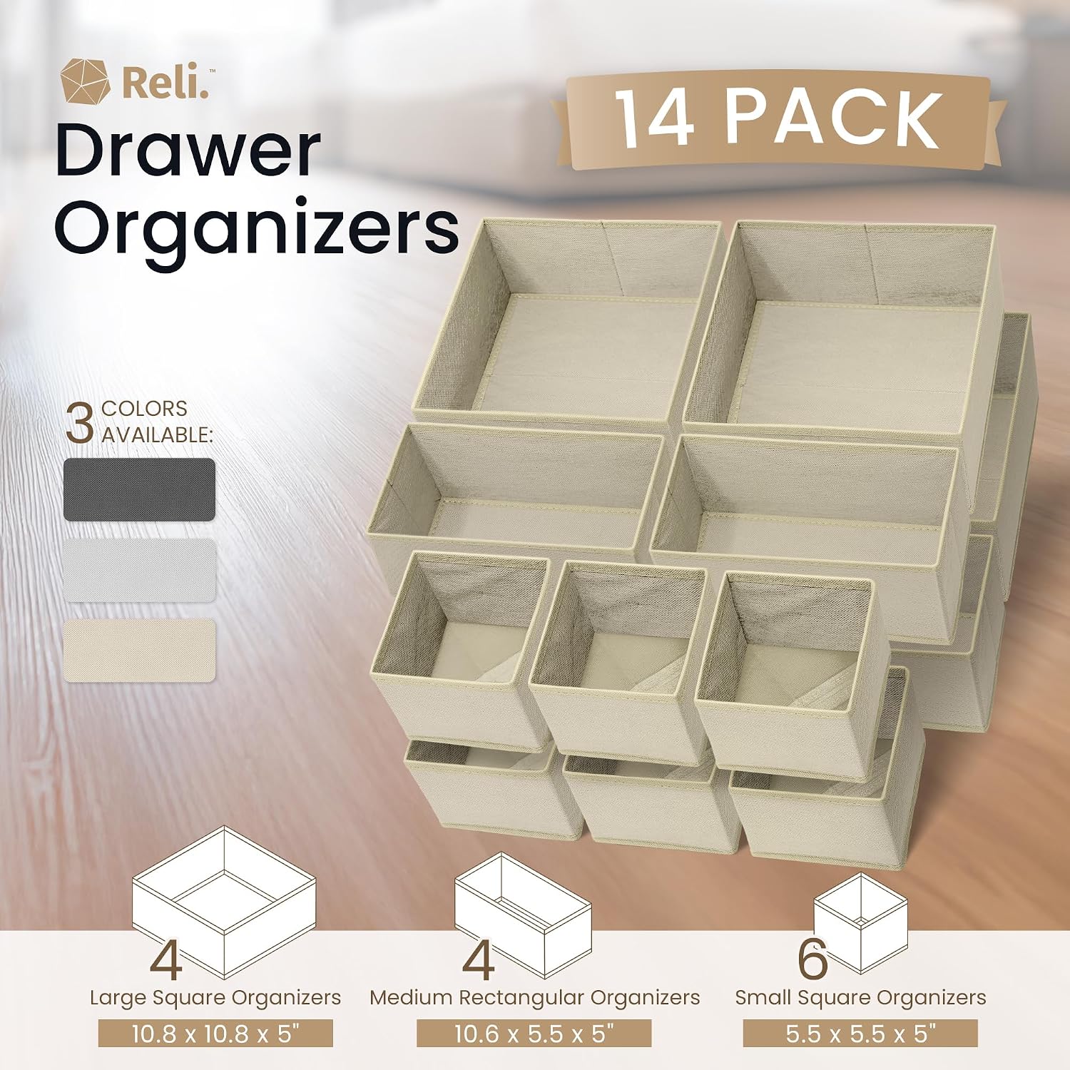 Reli. Drawer Organizers Clothes 14 Pack | Foldable Dresser Drawer Organizer | Beige Dresser Drawer Organizers | Fabric Drawer Dividers, Foldable Closet Storage Bins, Socks, Underwear, Ties, Bras, Nursery