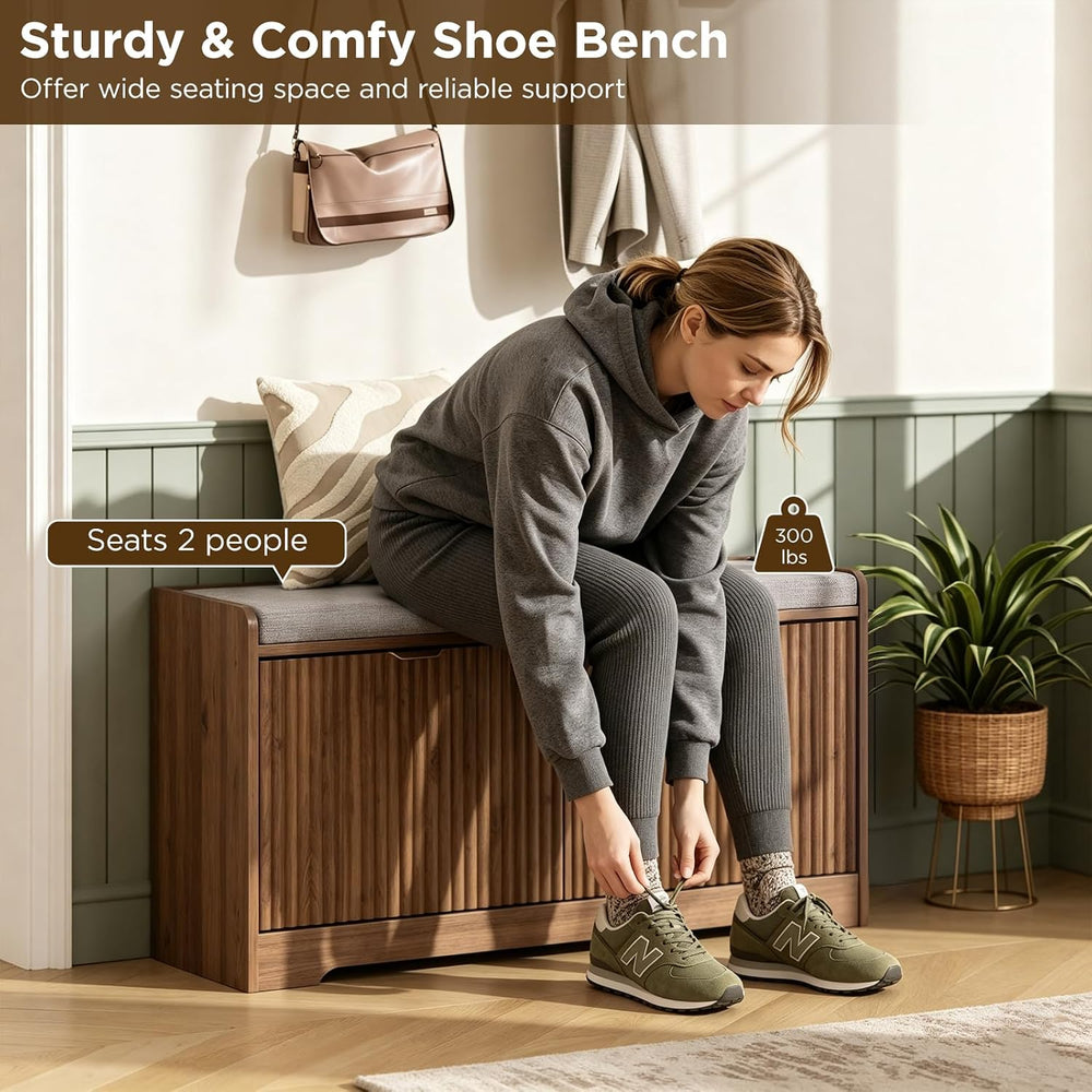 Maupvit Fluted Shoe Bench with 2 Flip-Drawers, 39.4" Narrow Entryway Ben...