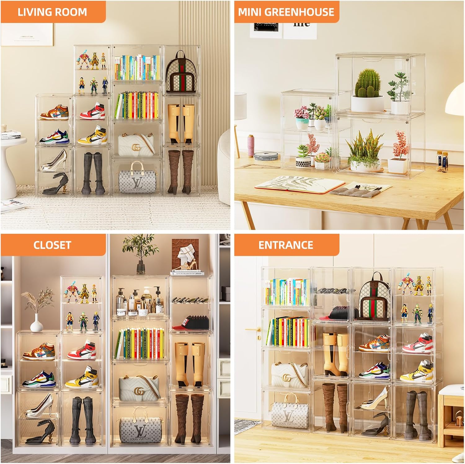 Boot Storage Organizer Tall Boots Boxes for Closet Clear Plastic Stackable Shoe Organizer Box, 3 Pack Acrylic Display Case with Divider for Collectibles, Figures