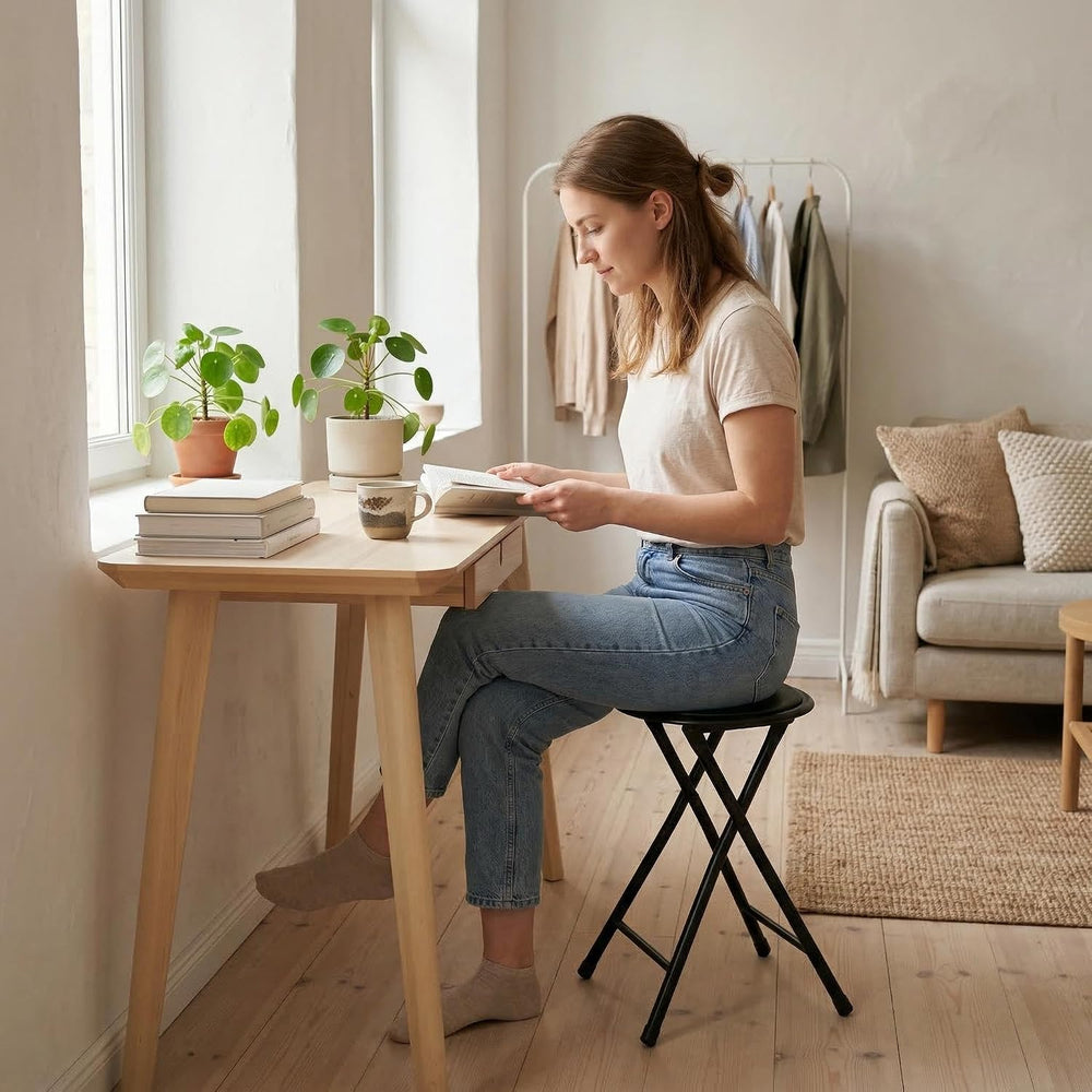 FurnitureR 18" Folding Stool, Portable Round Padded Seat, Backless Colla...