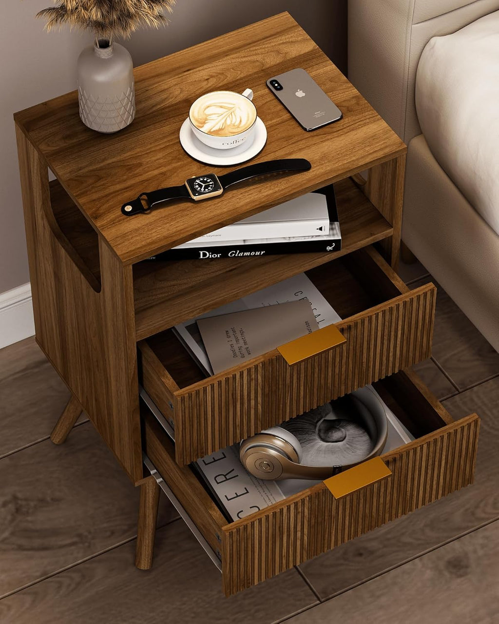 Nightstand,Modern Bedside Table with 2 Storage Drawer and Open Wood Shelf, for Bedroom and Small Spaces,Night Stand with Solid Wood Legs,Walnut Brown