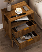 Nightstand,Modern Bedside Table with 2 Storage Drawer and Open Wood Shelf, for Bedroom and Small Spaces,Night Stand with Solid Wood Legs,Walnut Brown