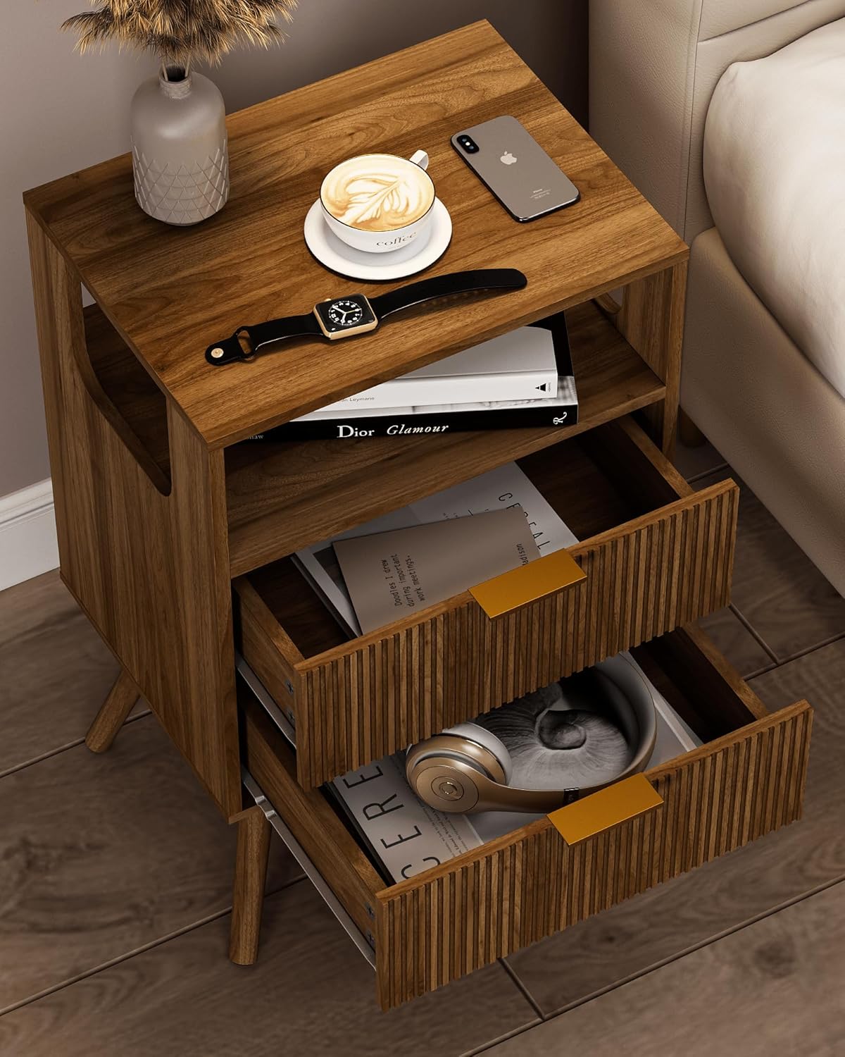 Nightstand,Modern Bedside Table with 2 Storage Drawer and Open Wood Shelf, for Bedroom and Small Spaces,Night Stand with Solid Wood Legs,Walnut Brown