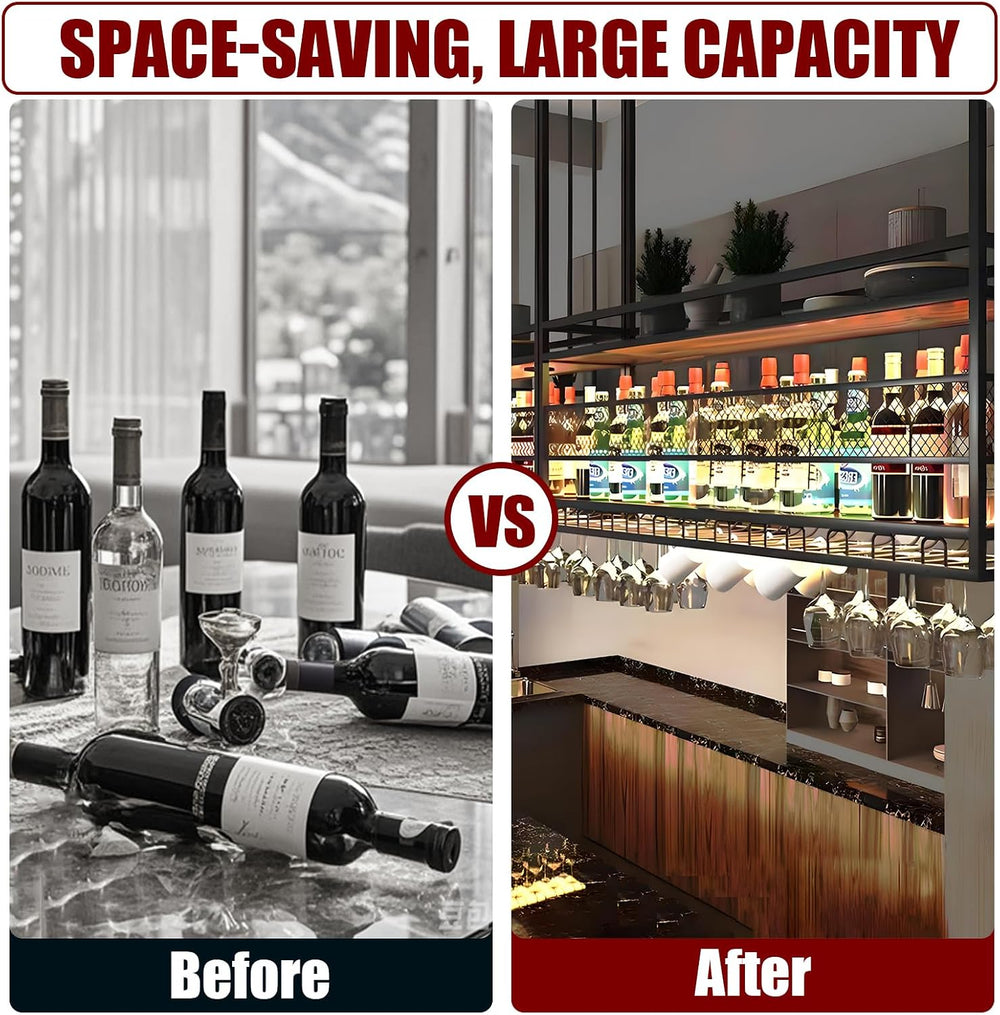 55in Ceiling Wine Glass Rack, 2-Tier Wooden Hanging Wine Rack, Industrial Bla...