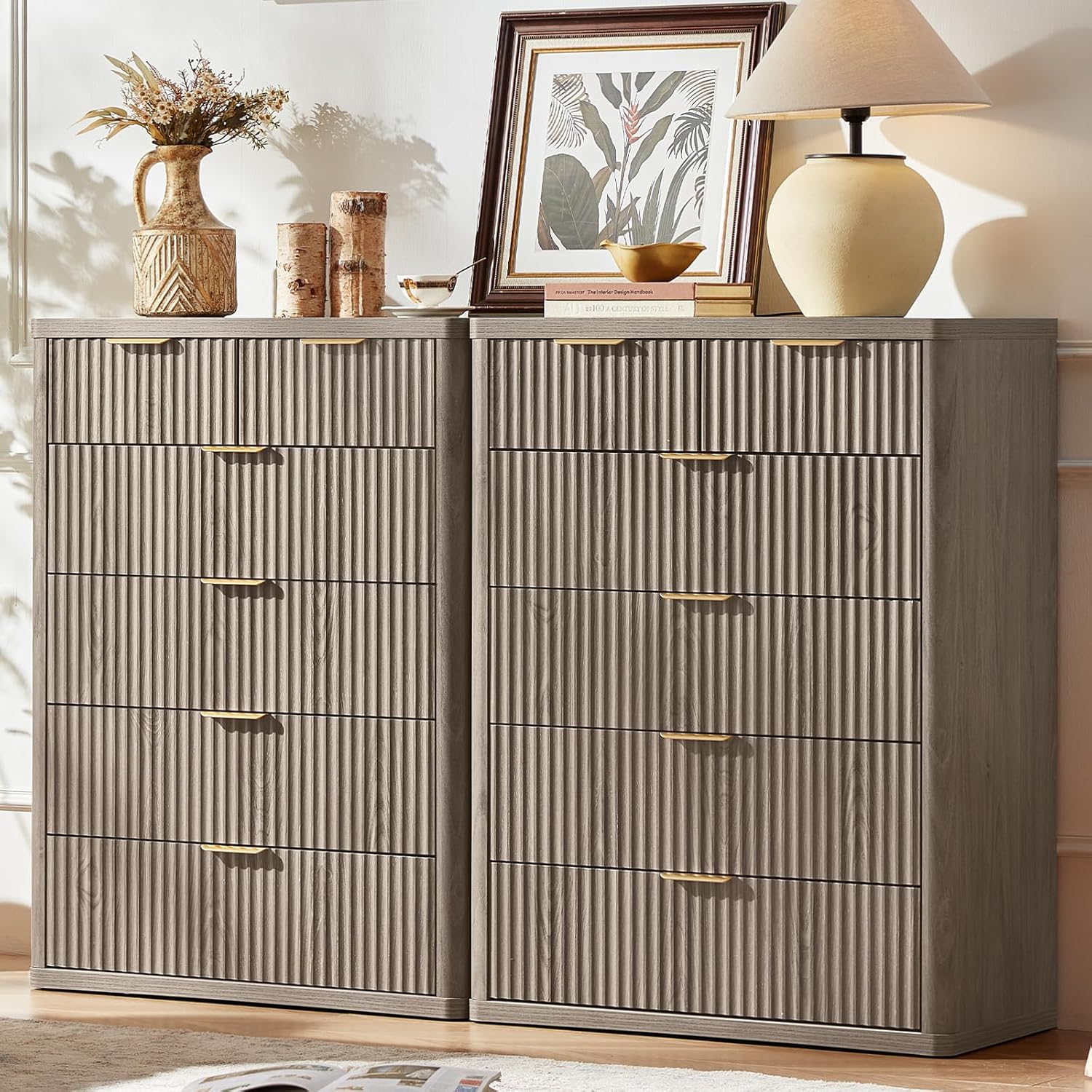 LEYAOYAO Fluted 6 Drawers Dresser for Bedroom Set of 2, 42" Tall Modern Chest of Drawers with Metal Handle, Curved Profile Design,Grey Wood Drawer Organizer for Bedroom, Living Room, Hallway