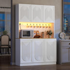 71" Black Kitchen Pantry with Power Outlet & LED Light, Large Kitchen Hutch Cabinet with Adjustable Shelf, Modern Buffet Cabinet with 6 Doors, Food Pantry Storage for Dining Room (White 6 Doors)