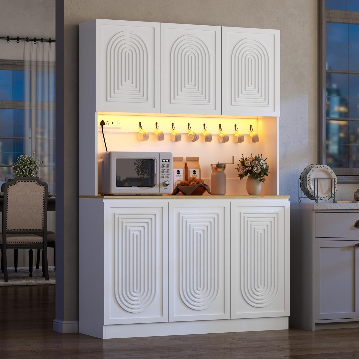 71" Black Kitchen Pantry with Power Outlet & LED Light, Large Kitchen Hutch Cabinet with Adjustable Shelf, Modern Buffet Cabinet with 6 Doors, Food Pantry Storage for Dining Room (White 6 Doors)