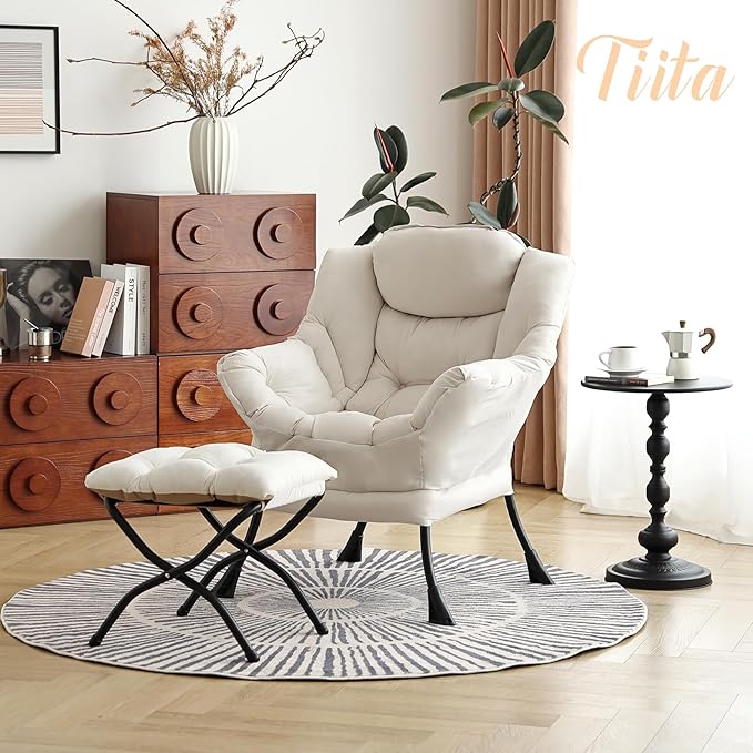 Tiita Lazy Chair with Ottoman, Modern Large Accent Lounge Armchair, Comfy Leisure Sofa Reading Chair with Footrest for Bedroom, Living Room, Dorm Rooms, Garden and Courtyard, Beige