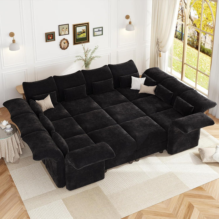 LLappuil Deep Modular Sectional Sofa Sleeper 12 Person Chenille Sectional Couches for Living Room with Storage Ottoman, Adjustable Arms Backs Black