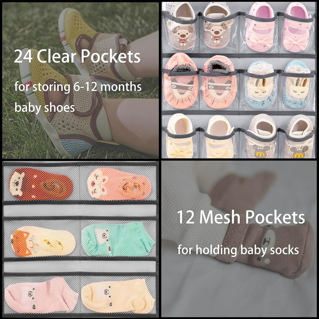 Dual-sided Hanging Baby Shoes Organizer Closet Toddler Shoe Storage Holder for Kids Bow Socks Underwear (GREY)