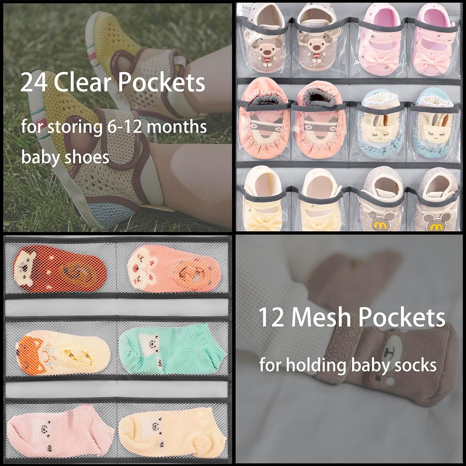 Dual-sided Hanging Baby Shoes Organizer Closet Toddler Shoe Storage Holder for Kids Bow Socks Underwear (GREY)