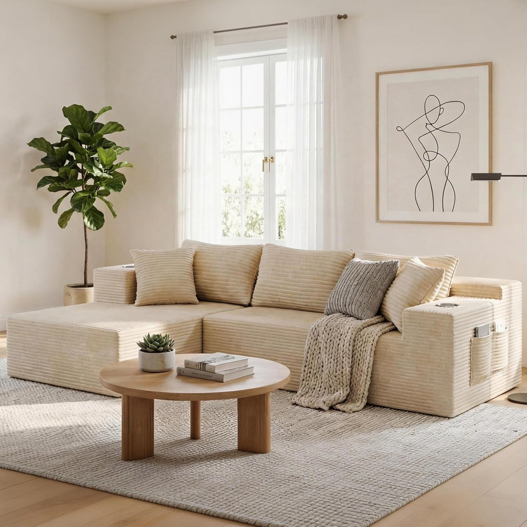 Realbear 108" Cloud Sectional Boneless Couch Sofa with L-Shape Chaise, Modular Sectional Couch with Deep Seat for Living Room Bedroom, No Assembly Required (Beige, 108" Left Facing Chaise)