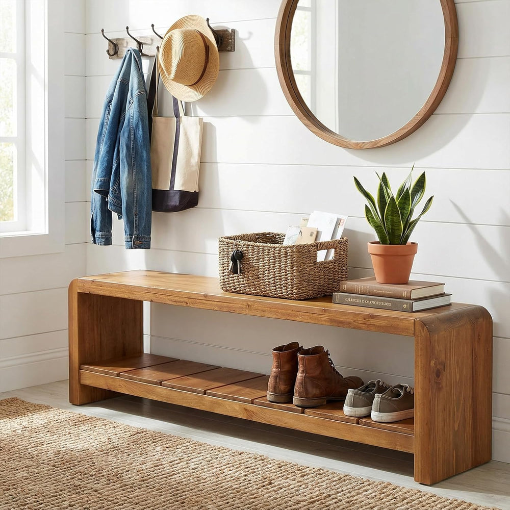 Solid Wood Entryway Bench with Shoe Storage, 59.06-Inch Long Shoe Bench with ...
