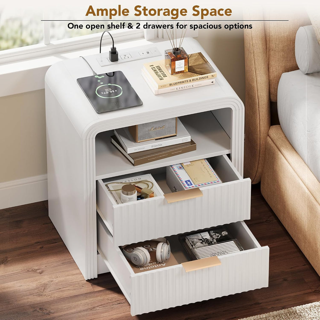 Decofy Fluted 2-Drawer Nightstand Set of 2 with Charging Station, White | Open Shelf, USB and Type C Ports, Curved Profile, Gold Handles, 19.7'' Wood Bedside Table