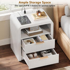 Decofy Fluted 2-Drawer Nightstand Set of 2 with Charging Station, White | Open Shelf, USB and Type C Ports, Curved Profile, Gold Handles, 19.7'' Wood Bedside Table
