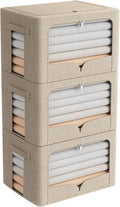 FHSQX 3 Pack Clothes Storage Bins Foldable Metal Frame Storage Box Stackable Linen Fabric Organizer Set with Carrying Handles and Clear Window (Beige, 15.7x11.8x11.8inch(36L))