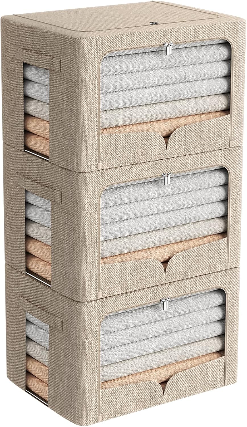 FHSQX 3 Pack Clothes Storage Bins Foldable Metal Frame Storage Box Stackable Linen Fabric Organizer Set with Carrying Handles and Clear Window (Beige, 15.7x11.8x11.8inch(36L))