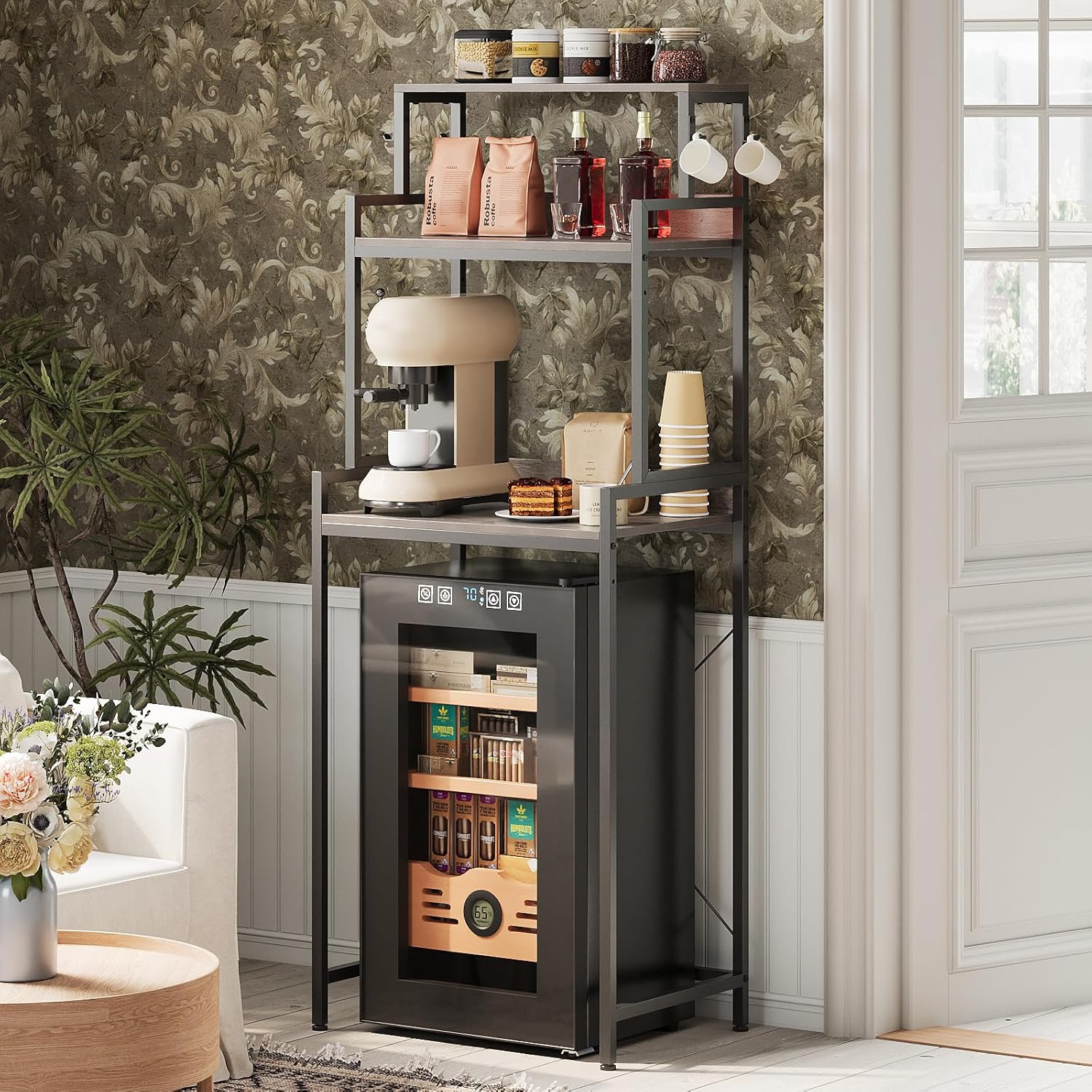 3-Tier Kitchen Bakers Rack with Adjustable Shelves, Freestanding Kitchen Microwave Stand with Storage, Split Design Coffee Bar Shelf for Home Office (Black Oak, 25.6")