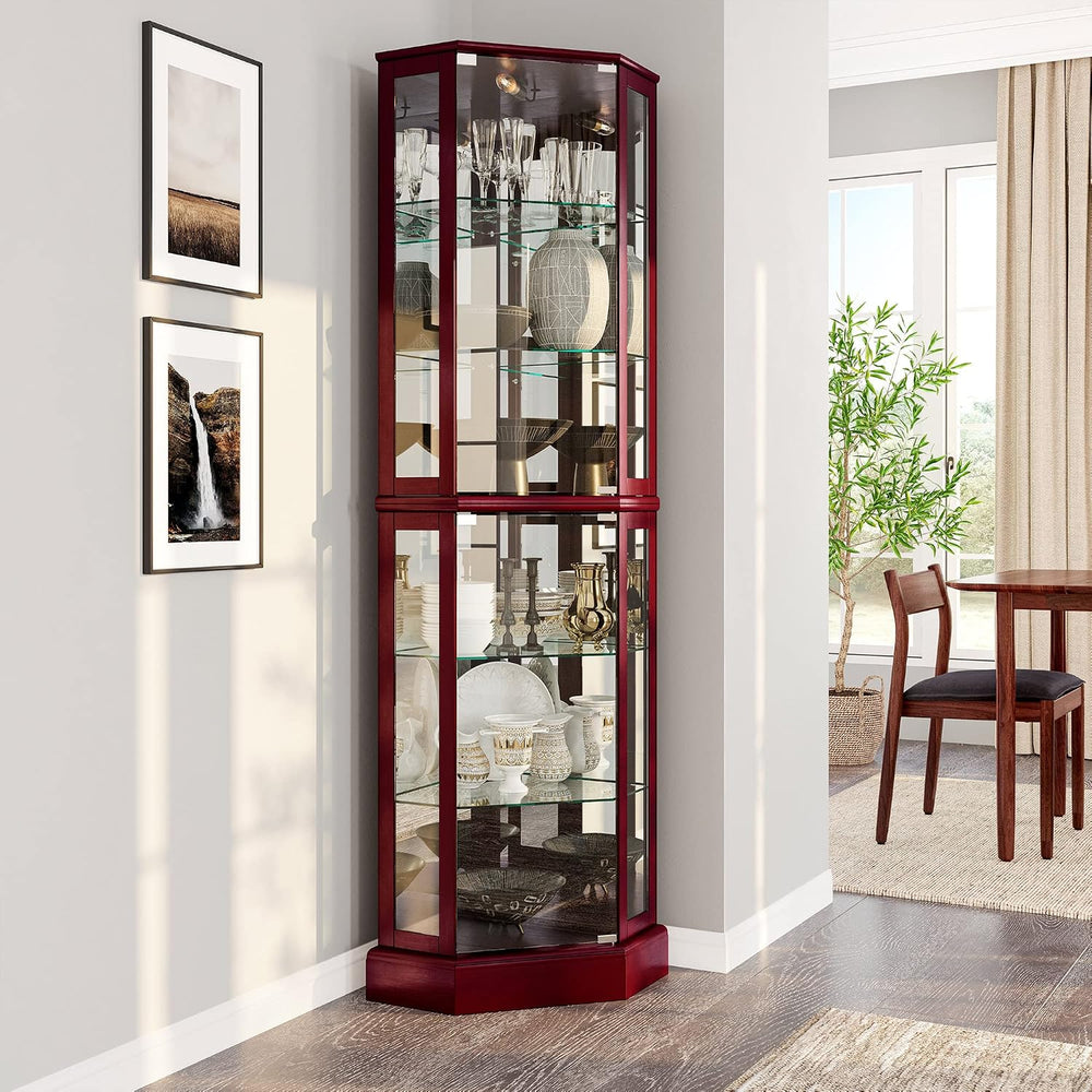 BELLEZE Lighted Corner Display Curio Cabinet Wooden Curved Shelving Unit with...