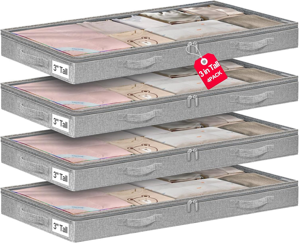 punemi 3-Inch Low Profile Under Bed Storage Containers，No-Structure, Soft Foldable Zippered Underbed Cloth Blanket Storage bins — Fits Under Crib, Couch，Sofa or Dorm bed, 4-Pack, 20x40x3in