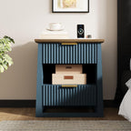 HIFYOBRO Fluted Nightstands Set of 2 with Charging Station & Motion Sensor Light, Modern Bedside Tables with 2 Drawers and Storage Shelf for Bedroom, Blue