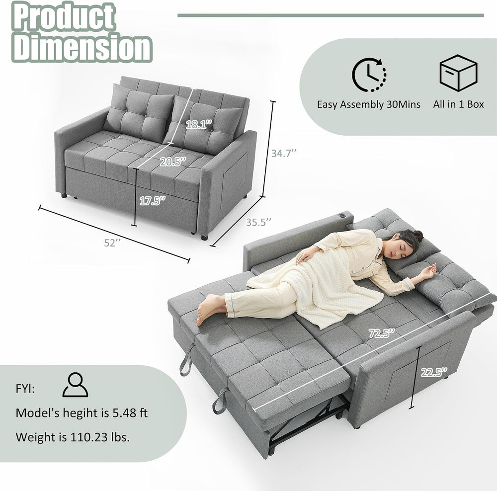 GOSUHI 52" 3-in-1 Convertible Sleeper Sofa Bed, Linen, Light Gray | Pull...