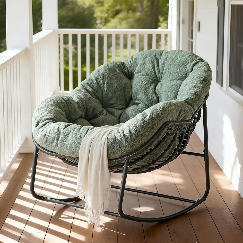 Oversized Outdoor Papasan Rocking Chair with Soft Cushion, Comfy Patio Egg Ch...