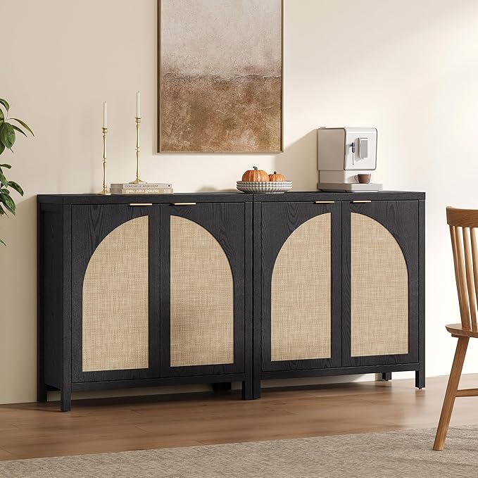 SICOTAS Rattan Sideboard Buffet Cabinet with Storage, Modern Credenza Storage Cabinet with Arch Doors & Adjustable Shelves, Coffee Bar Media Console Cabinets for Kitchen Living Room Entryway, Black